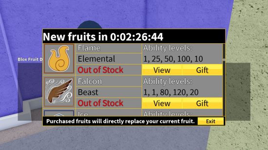 A página de estoque da Blox Fruits mostrando duas frutas fora de estoque.