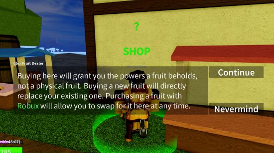 O negociante de ações da Blox Fruits detalhando como a compra de uma fruta substitui a anterior.