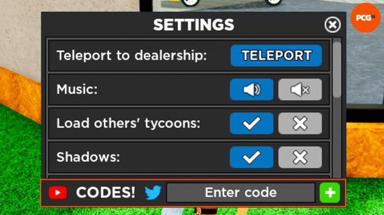 A caixa de configurações na qual você pode inserir novos códigos do Car Dealership Tycoon.