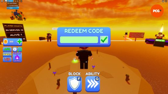 A tela de resgate de código para inserir códigos Blade Ball.