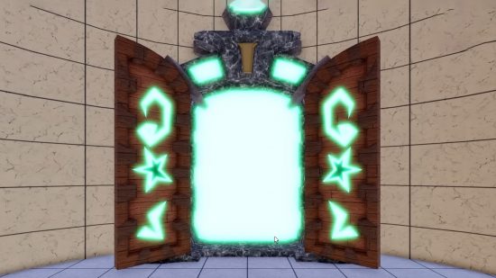 O portal de convocação All Star Tower Defense com uma abertura verde brilhante com símbolos verdes em cada lado
