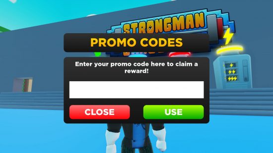 A tela de resgate de código onde você pode inserir códigos do Strongman Simulatror para obter itens gratuitos.