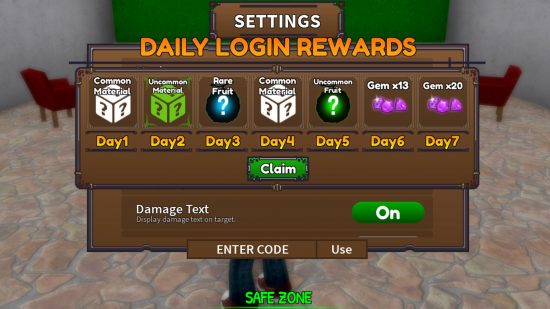 Menu de recompensas e códigos do King Legacy Daily Login, mostrando a caixa 'inserir código' no jogo.