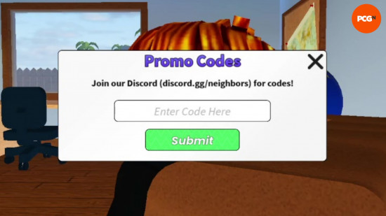 O menu para resgatar códigos Roblox Neighbors