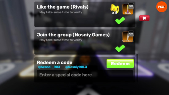 O menu para resgatar códigos Rivals