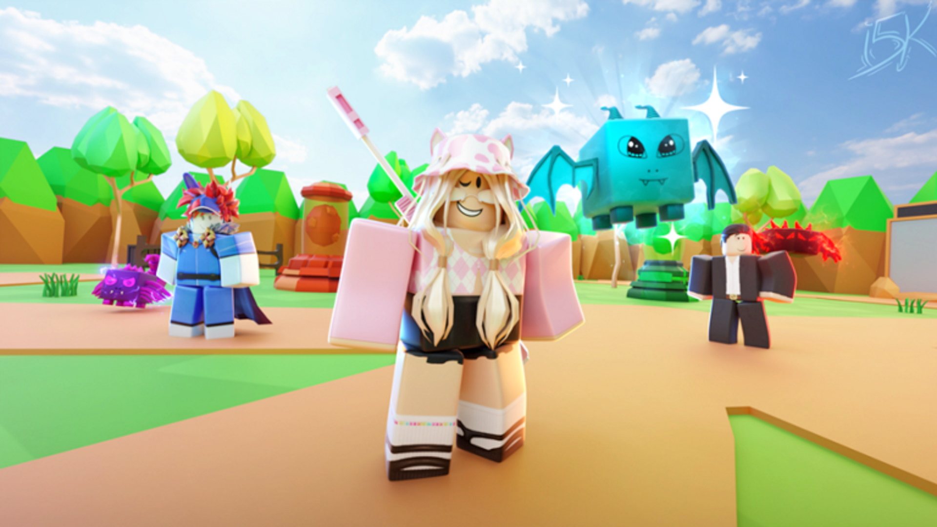 Códigos promocionais do Roblox: um personagem do Roblox vestindo rosa e ao lado de um morcego voador azul.